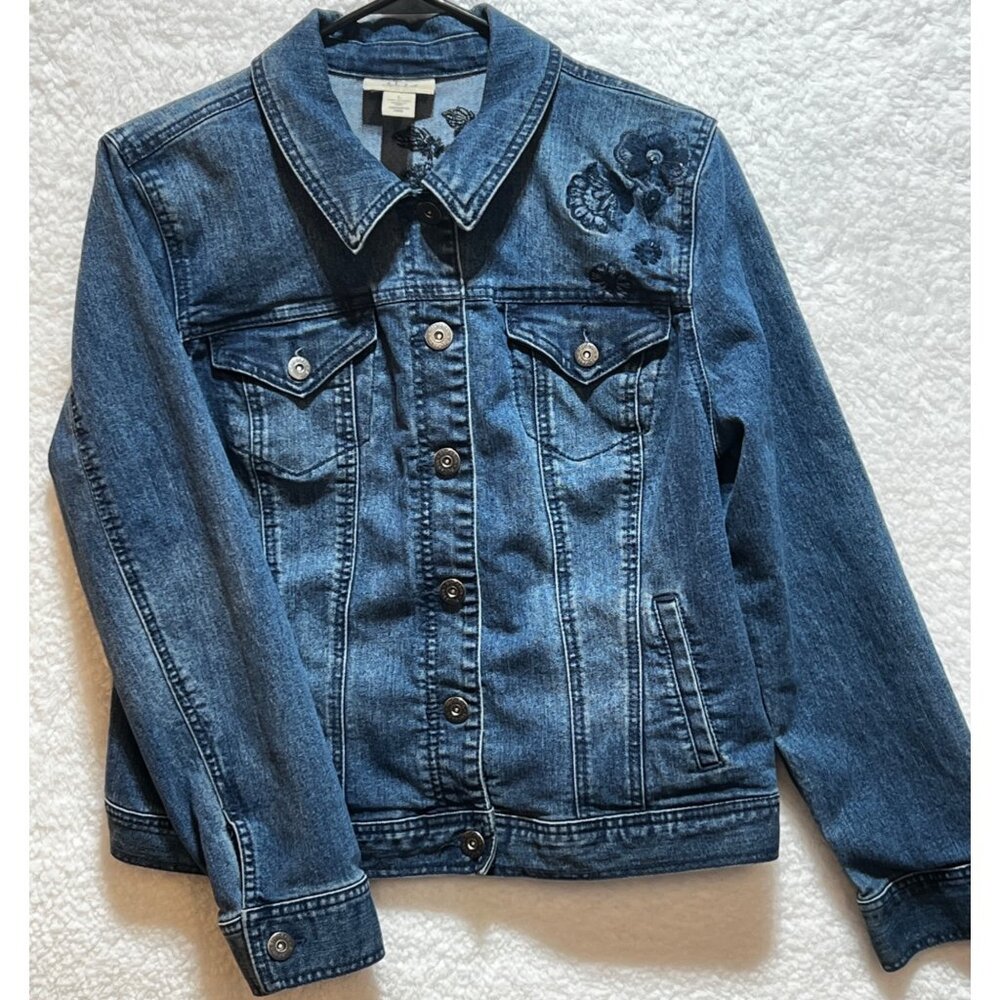 Style & Co Embroidered Blue Button Denim Jacket Large w Floral Design